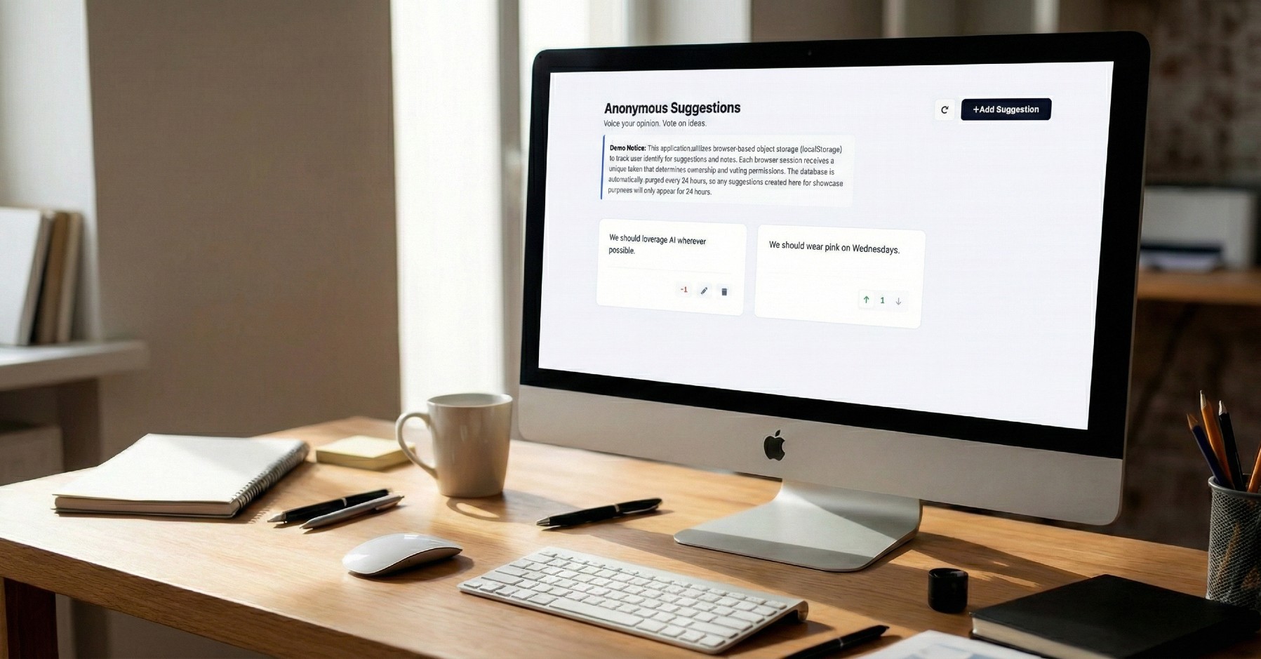 A minimalist workspace with a computer displaying an Anonymous Suggestions page. Nearby are a notebook, pen, mouse, mug, and keyboard, suggesting productivity.